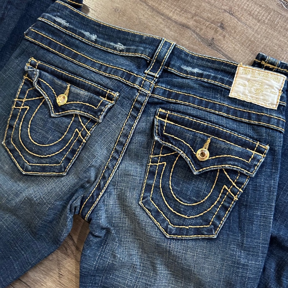 Y2K True Religion Gold Stitch/Jewel Women's Joey Super T Low Rise Jeans Size 28